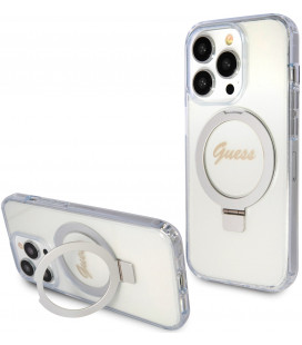 Skaidrus dėklas Apple iPhone 15 Pro telefonui "Guess IML Ring Stand Glitter MagSafe Case"