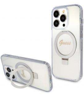 Skaidrus dėklas Apple iPhone 15 Pro Max telefonui "Guess IML Ring Stand Glitter MagSafe Case"