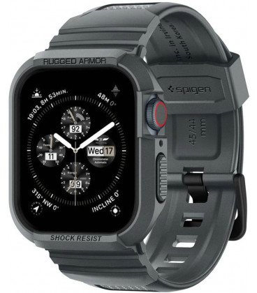 Pilkas (Dark Grey) dėklas Apple Watch 4 / 5 / 6 / 7 / 8 / 9 / SE (44 / 45 MM) laikrodžiui "Spigen Rugged Armor Pro"