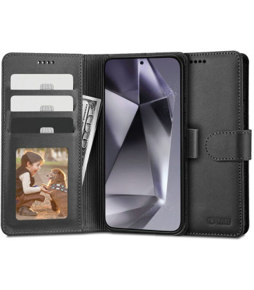 Juodas atverčiamas dėklas Samsung Galaxy S24 Plus telefonui "Tech-Protect Wallet"