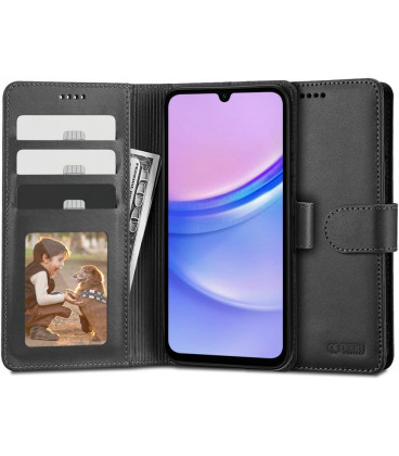 Juodas atverčiamas dėklas Samsung Galaxy A15 4G / 5G telefonui "Tech-Protect Wallet"