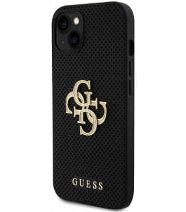 Juodas dėklas Apple iPhone 15 telefonui "Guess PU Perforated 4G Glitter Metal Logo Case"