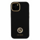Juodas dėklas Apple iPhone 15 telefonui "Guess Liquid Silicone 4G Strass Metal Logo Case"