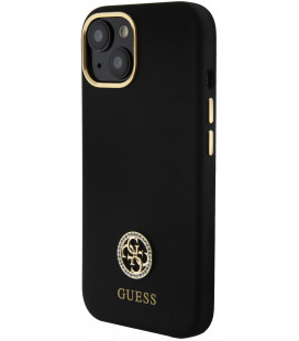 Juodas dėklas Apple iPhone 15 telefonui "Guess Liquid Silicone 4G Strass Metal Logo Case"