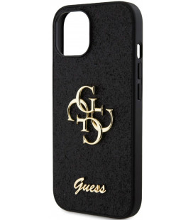 Juodas dėklas Apple iPhone 15 telefonui "Guess PU Fixed Glitter 4G Metal Logo Case"