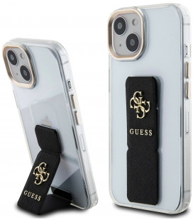 Skaidrus / juodas dėklas Apple iPhone 15 telefonui "Guess PU Grip Stand 4G Metal Logo Case"