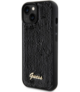 Juodas dėklas Apple iPhone 15 telefonui "Guess Sequin Script Logo Case"