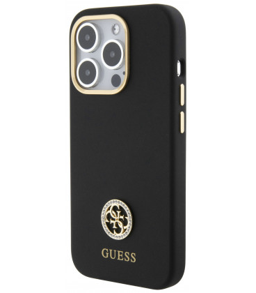 Juodas dėklas Apple iPhone 15 Pro Max telefonui "Guess Liquid Silicone 4G Strass Metal Logo Case"