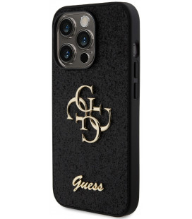 Juodas dėklas Apple iPhone 15 Pro telefonui "Guess PU Fixed Glitter 4G Metal Logo Case"