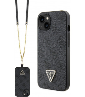 Juodas dėklas + dirželis Apple iPhone 15 telefonui "Guess PU 4G Strass Triangle Metal Logo Case + Crossbody Strap"