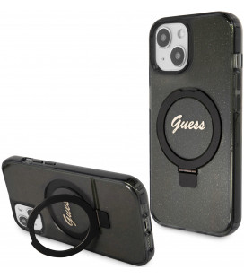 Juodas dėklas Apple iPhone 15 telefonui "Guess IML Ring Stand Glitter MagSafe Case"