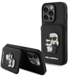 Juodas dėklas Apple iPhone 15 Pro telefonui "Karl Lagerfeld PU Saffiano Card Slot Stand Karl and Choupette Case"