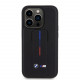 Juodas dėklas Apple iPhone 15 Pro Max telefonui "BMW "M" Collection PU Grip Stand Tricolor Line Case"