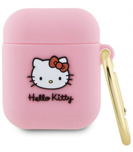 Rožinis dėklas Apple Airpods 1 / 2 ausinėms "Hello Kitty Liquid Silicone 3D Kitty Head Logo Case"