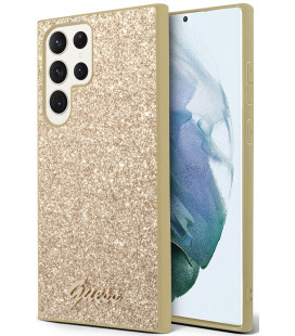 Auksinės spalvos dėklas Samsung Galaxy S24 Ultra telefonui "Guess PC/TPU Glitter Flakes Metal Logo Case"