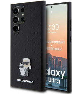 Juodas dėklas Samsung Galaxy S24 Ultra telefonui "Karl Lagerfeld PU Saffiano Metal Karl and Choupette Case"