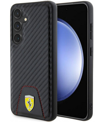 Juodas dėklas Samsung Galaxy S24 telefonui "Ferrari PU Leather Bottom Carbon Case"