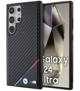 Juodas dėklas Samsung Galaxy S24 Ultra telefonui "BMW M PU Leather Carbon Magsafe Tricolor Line Case"