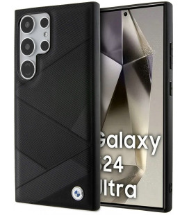 Juodas dėklas Samsung Galaxy S24 Ultra telefonui "BMW Signature Leather Metal Logo Case"