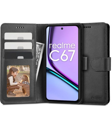 Juodas atverčiamas dėklas Realme C67 4G / LTE telefonui "Tech-Protect Wallet"