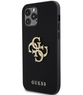 Juodas dėklas Apple iPhone 12 / 12 Pro telefonui "Guess PU Perforated 4G Glitter Metal Logo Case"