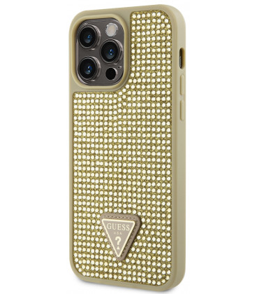 Auksinės spalvos dėklas Apple iPhone 15 Pro Max telefonui "Guess Rhinestones Triangle Metal Logo Case"