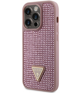 Rožinis dėklas Apple iPhone 15 Pro telefonui "Guess Rhinestones Triangle Metal Logo Case"