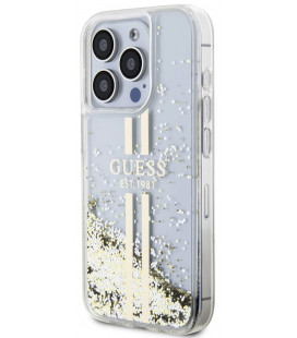 Skaidrus dėklas Apple iPhone 15 Pro telefonui "Guess PC/TPU Liquid Glitter Gold Stripe Case"