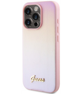 Rožinis dėklas Apple iPhone 15 Pro telefonui "Guess PU Leather Iridescent Metal Script Case"