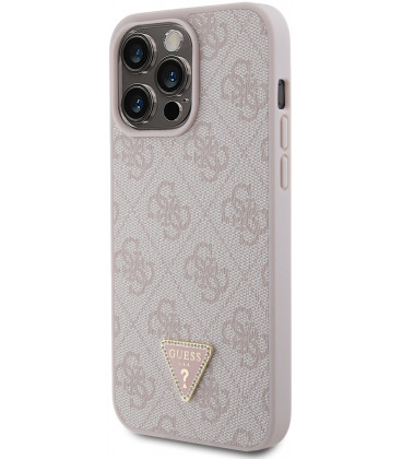 Rožinis dėklas Apple iPhone 15 Pro Max telefonui "Guess PU 4G Strass Triangle Metal Logo Case"