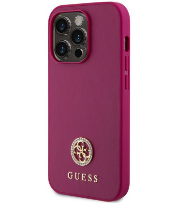 Rožinis dėklas Apple iPhone 15 Pro Max telefonui "Guess PU 4G Strass Metal Logo Case"