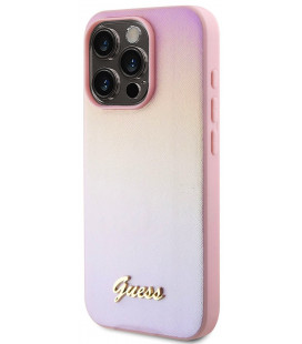 Rožinis dėklas Apple iPhone 15 Pro Max telefonui "Guess PU Leather Iridescent Metal Script Case"