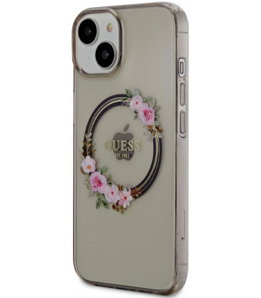 Juodas / skaidrus dėklas Apple iPhone 14 telefonui "Guess PC/TPU Flowers Ring Glossy Logo MagSafe Case"