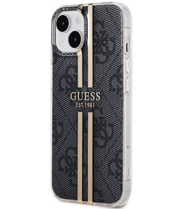 Juodas dėklas Apple iPhone 15 telefonui "Guess IML 4G Gold Stripe Case"