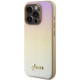 Auksinės spalvos dėklas Apple iPhone 15 Pro Max telefonui "Guess PU Leather Iridescent Metal Script Case"