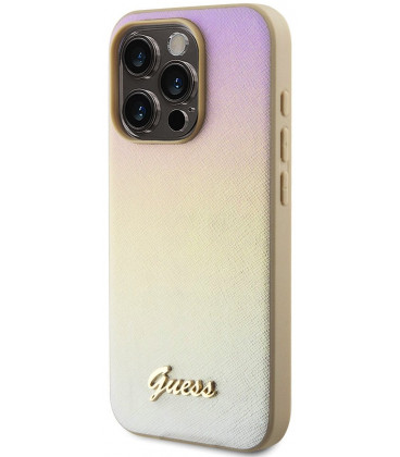 Auksinės spalvos dėklas Apple iPhone 15 Pro Max telefonui "Guess PU Leather Iridescent Metal Script Case"