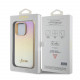 Auksinės spalvos dėklas Apple iPhone 15 Pro Max telefonui "Guess PU Leather Iridescent Metal Script Case"
