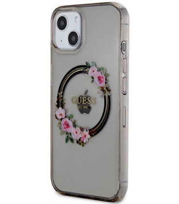 Juodas / skaidrus dėklas Apple iPhone 13 telefonui "Guess PC/TPU Flowers Ring Glossy Logo MagSafe Case"