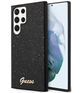Juodas dėklas Samsung Galaxy S24 Ultra telefonui "Guess PC/TPU Glitter Flakes Metal Logo Case"