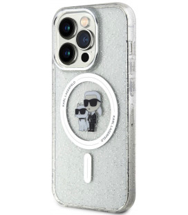 Skaidrus dėklas Apple iPhone 15 Pro telefonui "Karl Lagerfeld IML Glitter Karl and Choupette MagSafe Case"