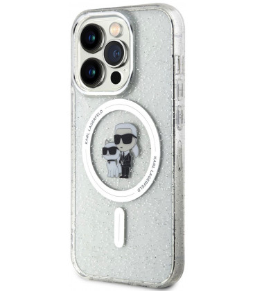 Skaidrus dėklas Apple iPhone 15 Pro telefonui "Karl Lagerfeld IML Glitter Karl and Choupette MagSafe Case"