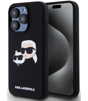 Juodas dėklas Apple iPhone 15 Pro telefonui "Karl Lagerfeld Liquid Silicone Double Heads MagSafe Case"