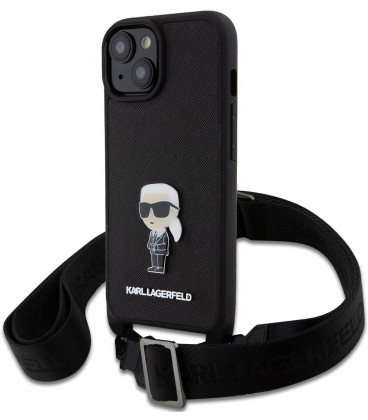 Juodas dėklas Apple iPhone 15 telefonui "Karl Lagerfeld Saffiano Crossbody Metal Ikonik Case"