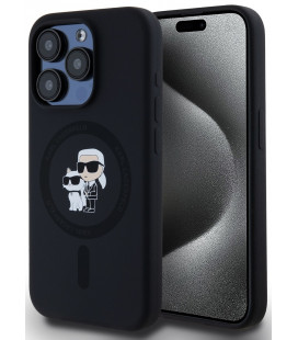 Juodas dėklas Apple iPhone 15 Pro telefonui "Karl Lagerfeld Liquid Silicone Karl and Choupette MagSafe Case"