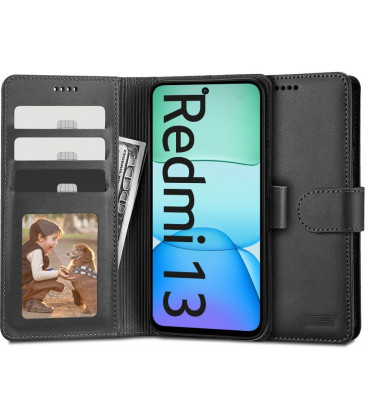 Juodas atverčiamas dėklas Xiaomi Redmi 13 telefonui "Tech-Protect Wallet"