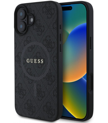 Juodas dėklas Apple iPhone 16 telefonui "Guess PU Leather 4G Colored Ring MagSafe Case"