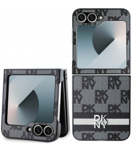 Juodas dėklas Samsung Galaxy Z Flip 6 / 7 FE telefonui "DKNY PU Leather Checkered Pattern and Stripe Case"