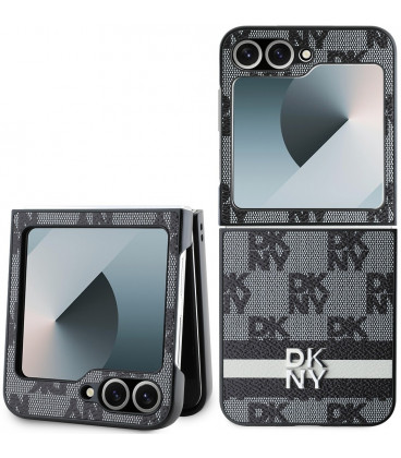 Juodas dėklas Samsung Galaxy Z Flip 6 / 7 FE telefonui "DKNY PU Leather Checkered Pattern and Stripe Case"