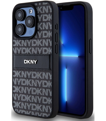 Juodas dėklas Apple iPhone 15 Pro telefonui "DKNY PU Leather Repeat Pattern Tonal Stripe Case"