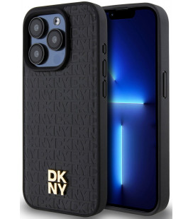 Juodas dėklas Apple iPhone 15 Pro telefonui "DKNY PU Leather Repeat Pattern Stack Logo MagSafe Case"